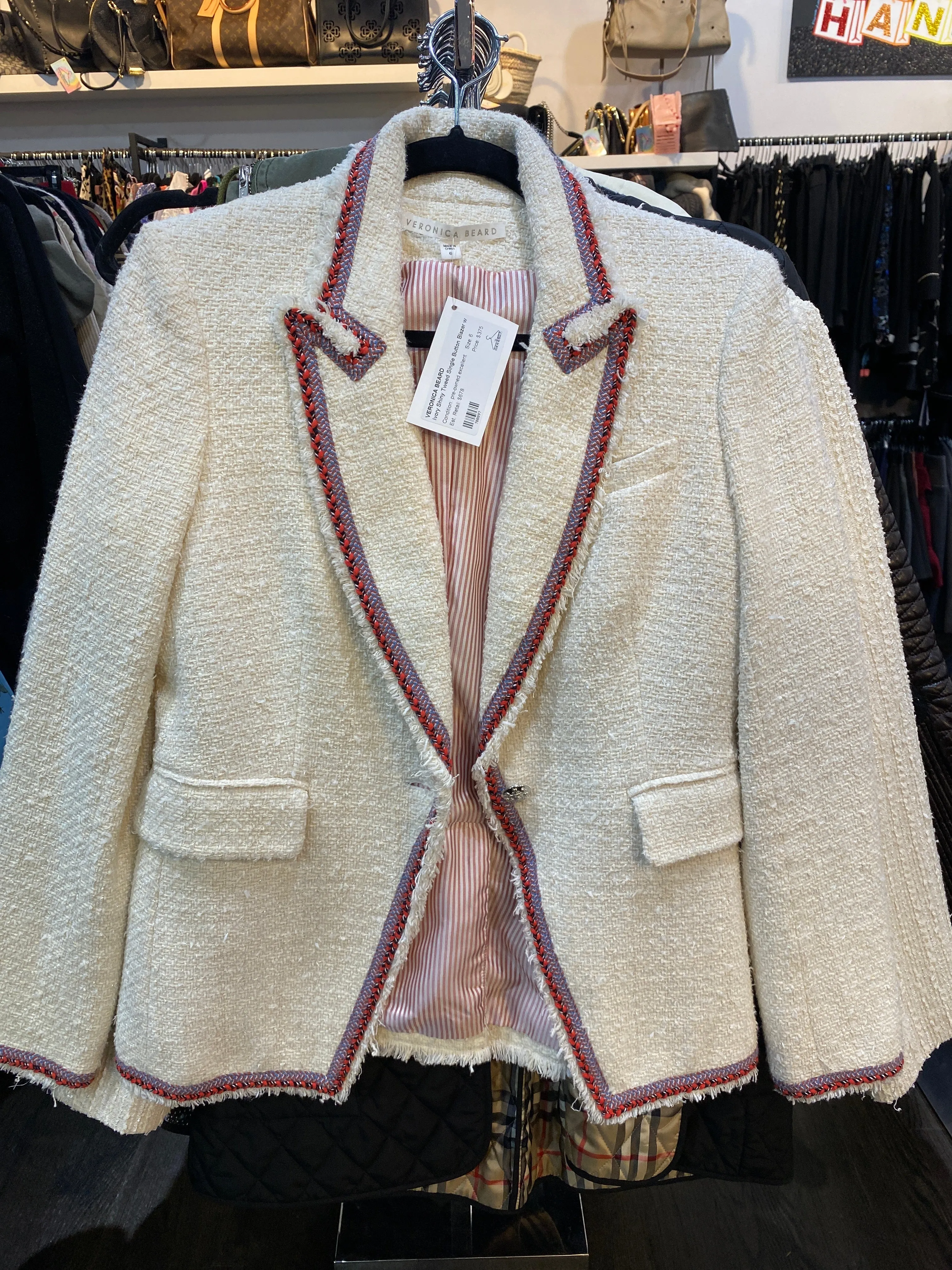 Veronica Beard Ivory Shiny Tweed Single Button Blazer with Coral Braided Trim Dickey Jacket