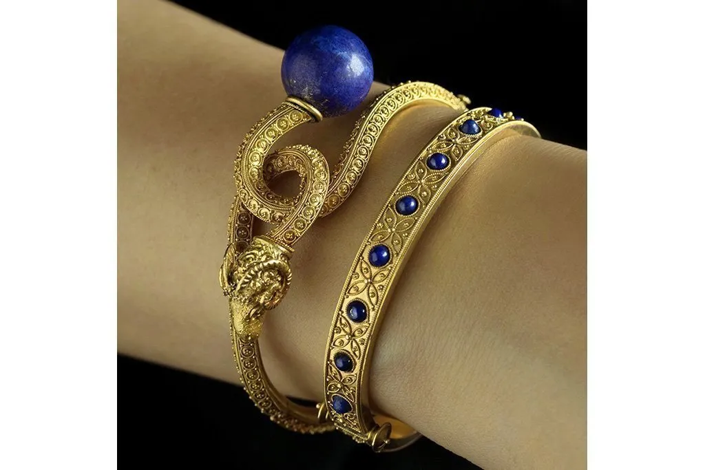 Victorian Etruscan Revival Lapis & Ram's Head Bangle