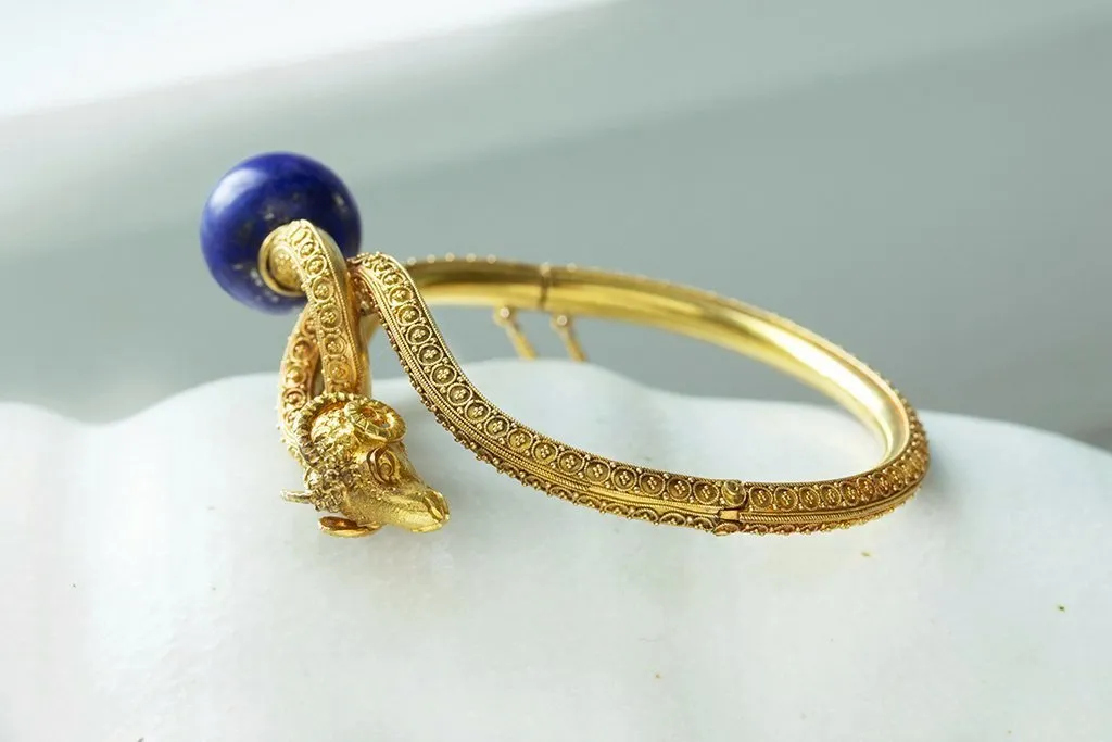 Victorian Etruscan Revival Lapis & Ram's Head Bangle