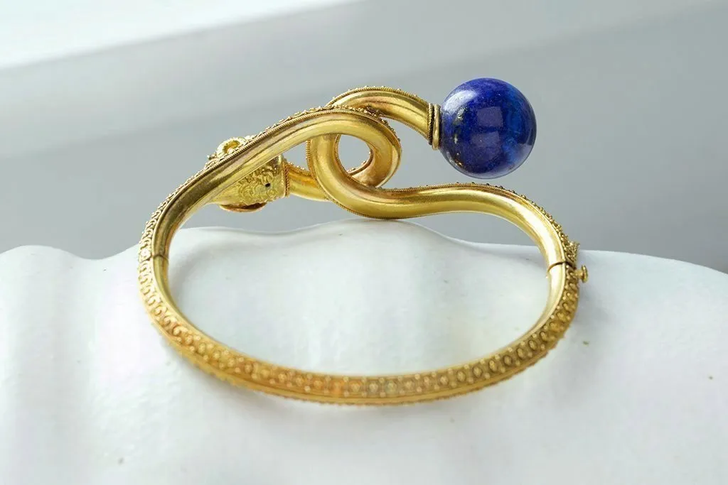 Victorian Etruscan Revival Lapis & Ram's Head Bangle