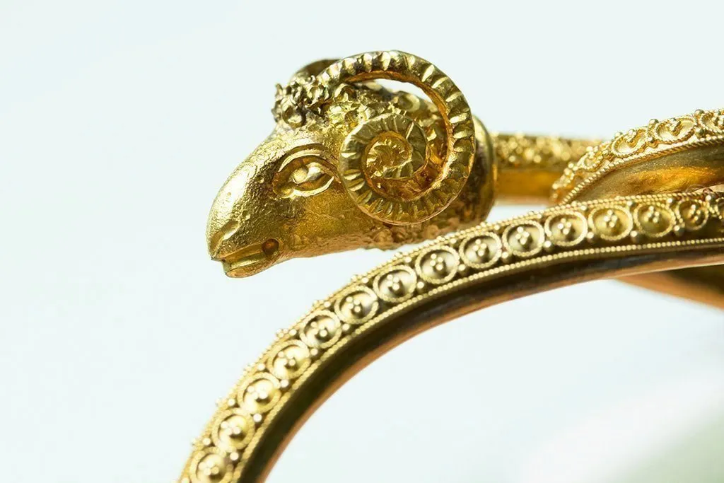 Victorian Etruscan Revival Lapis & Ram's Head Bangle
