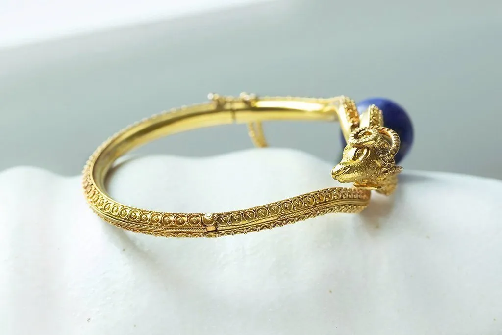 Victorian Etruscan Revival Lapis & Ram's Head Bangle