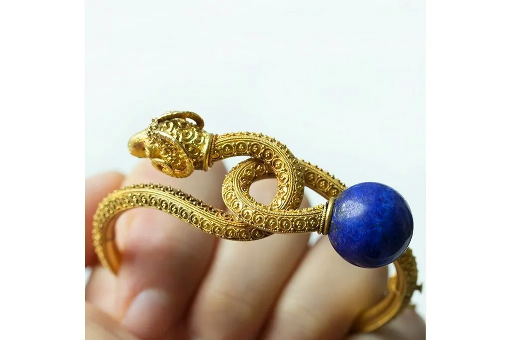 Victorian Etruscan Revival Lapis & Ram's Head Bangle