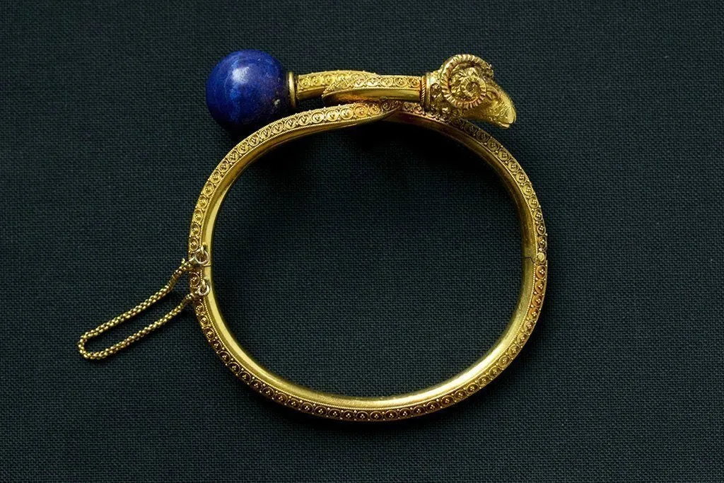 Victorian Etruscan Revival Lapis & Ram's Head Bangle