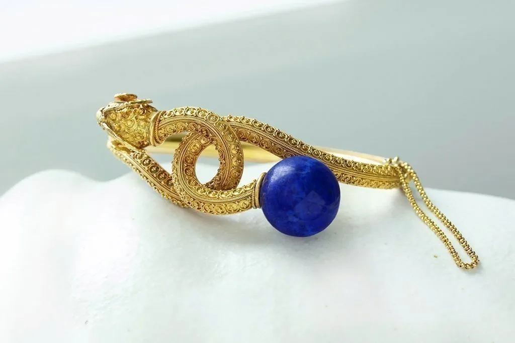 Victorian Etruscan Revival Lapis & Ram's Head Bangle