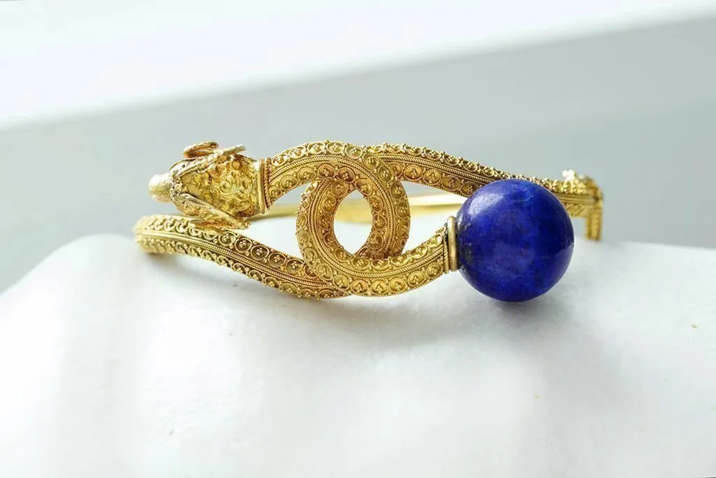 Victorian Etruscan Revival Lapis & Ram's Head Bangle