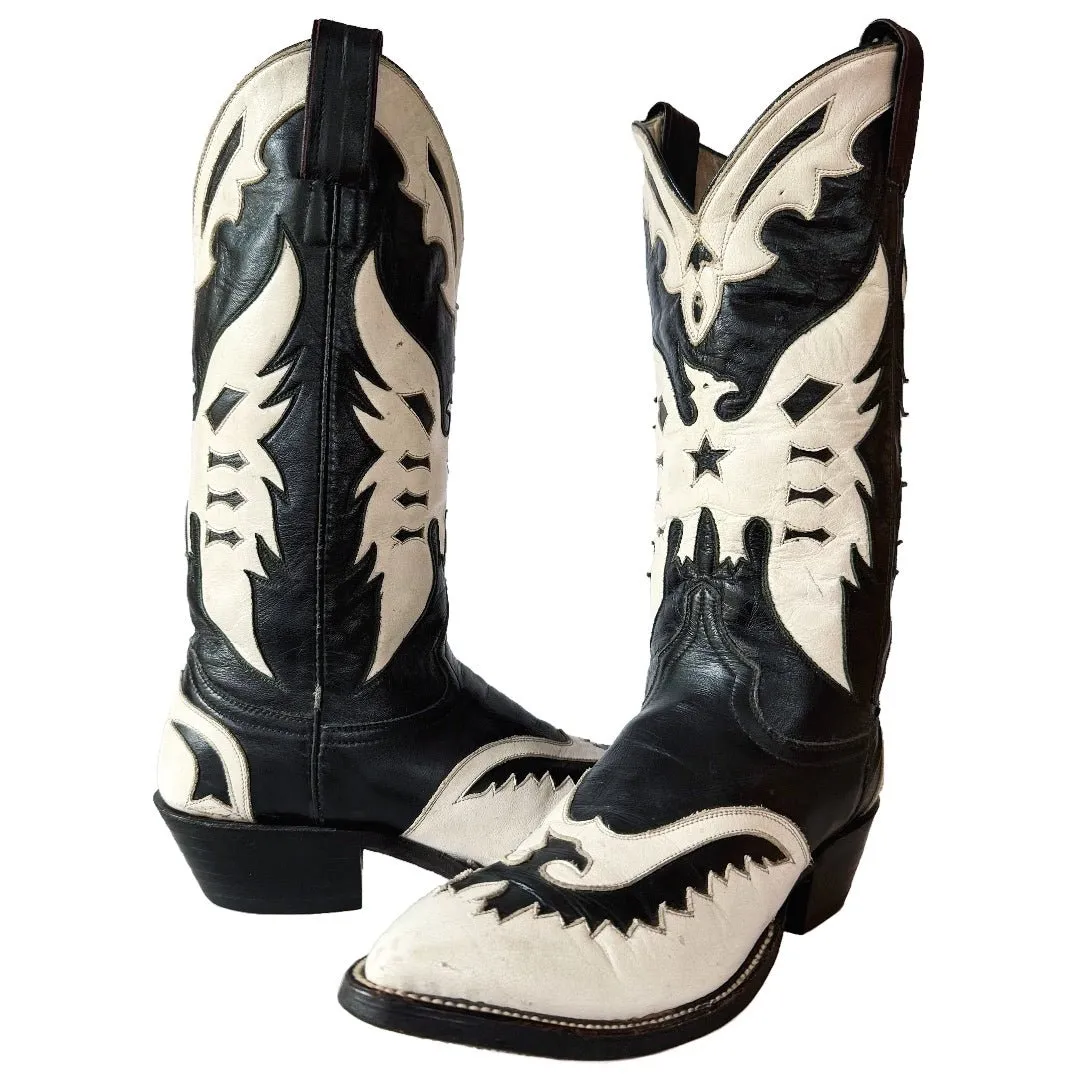 Vintage Eagle Thunderbird Tall Black White Cowboy Boots