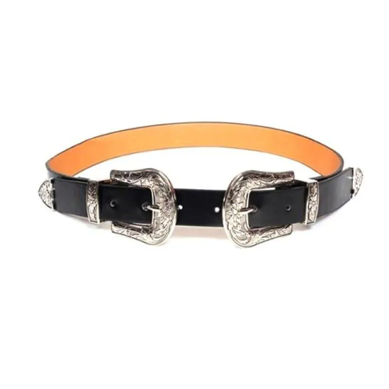 Vintage Retro Carved Metal Wide Double Buckle Belt Adjustable Belt
