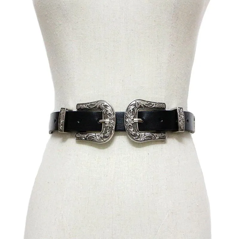 Vintage Retro Carved Metal Wide Double Buckle Belt Adjustable Belt