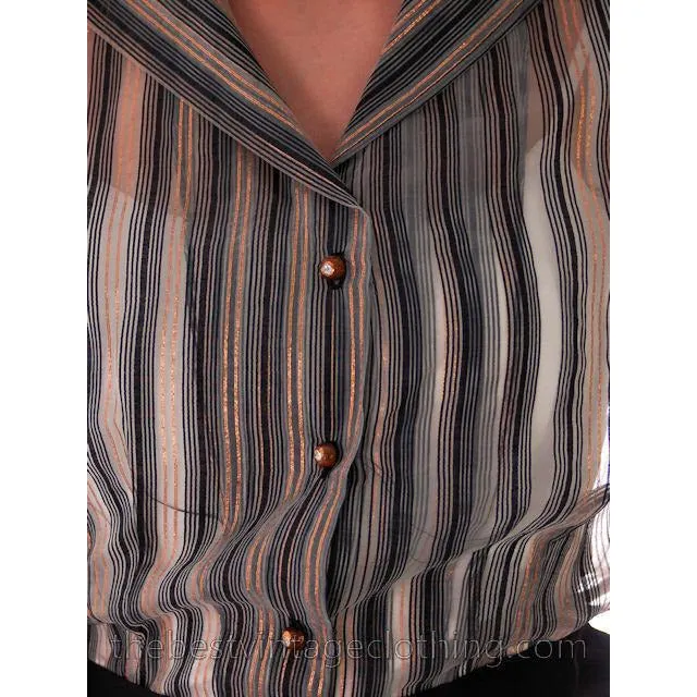 Vintage Sheer Nylon Blouse Copper Black Metallic Stripes Carol Benson 1940s