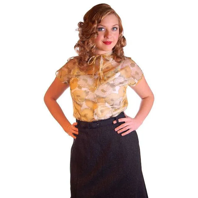 Vintage Sheer Nylon Printed Blouse Blue Floral 1950S 34