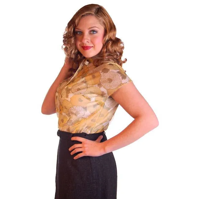 Vintage Sheer Nylon Printed Blouse Blue Floral 1950S 34
