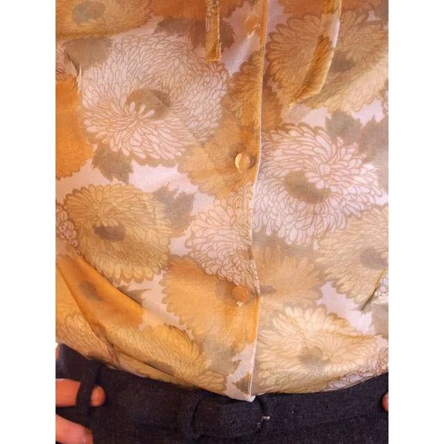 Vintage Sheer Nylon Printed Blouse Blue Floral 1950S 34