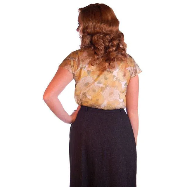 Vintage Sheer Nylon Printed Blouse Blue Floral 1950S 34