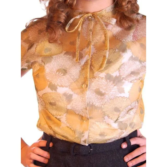 Vintage Sheer Nylon Printed Blouse Blue Floral 1950S 34