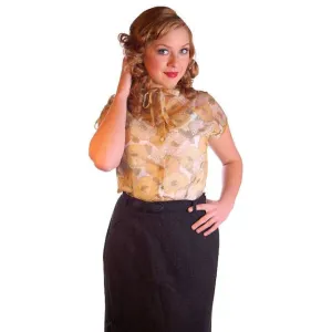 Vintage Sheer Nylon Printed Blouse Gold Floral 1950S 34