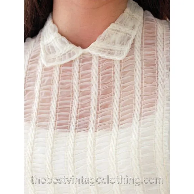 Vintage Sheer White Nylon Blouse Shirred Front NOS Lau-Ren S-M