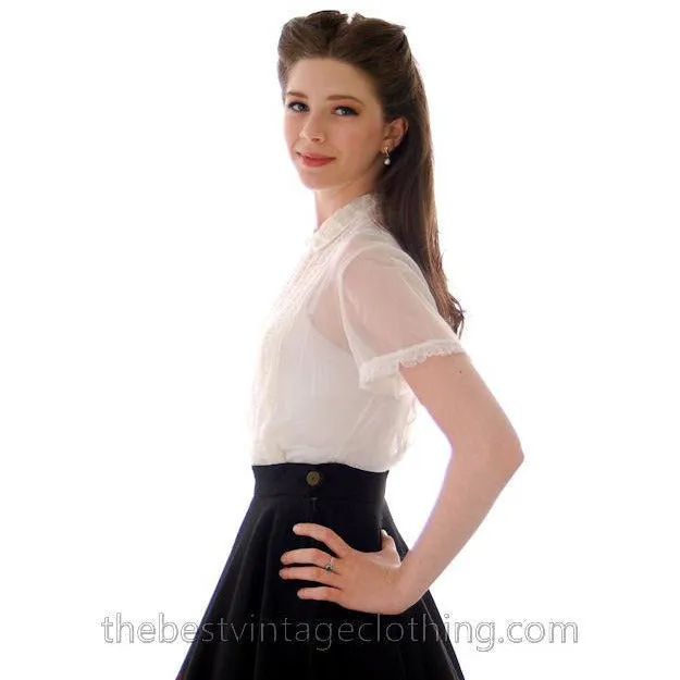Vintage Sheer White Nylon Blouse Shirred Front NOS Lau-Ren S-M