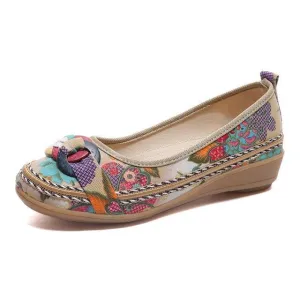 Vintage Women Flats Shoes Ladies Round Toe Slip-On Flat with Shallow Mouth Shoe Ethnic Soft Sole Embroidery Loafer