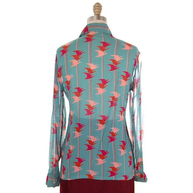 Vintage Womens Blouse Givenchy Flying Birds Print Small 1970s