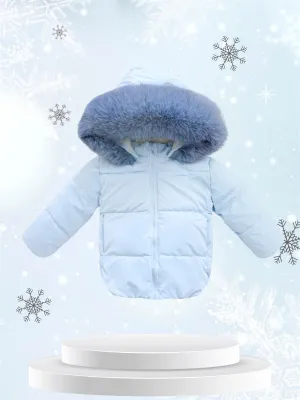 WeeMee Baby Boy Blue Puffer Coat with Faux Fur Hood