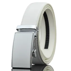 White Belt Silver Buckle Mens Adjustable Ratchet Slide Buckle Belt - Genuine Leather Automatic
