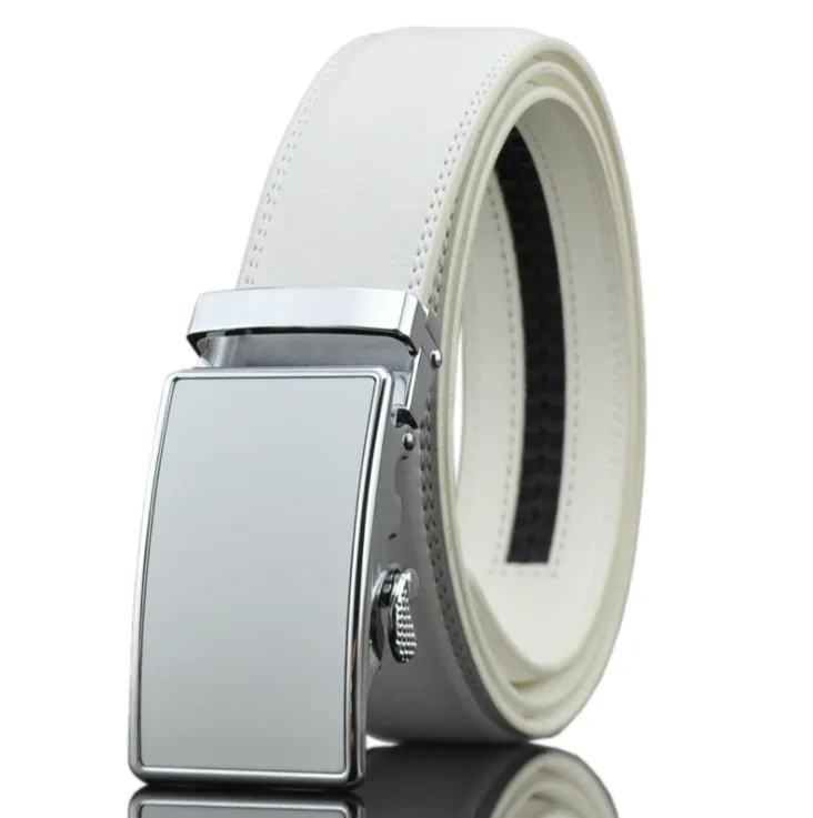White Belt Silver Buckle Mens Adjustable Ratchet Slide Buckle Belt - Genuine Leather Automatic