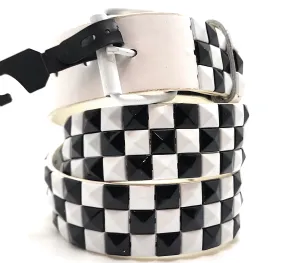White Black Checkered Pyramid Studded Leather Belt Punk
