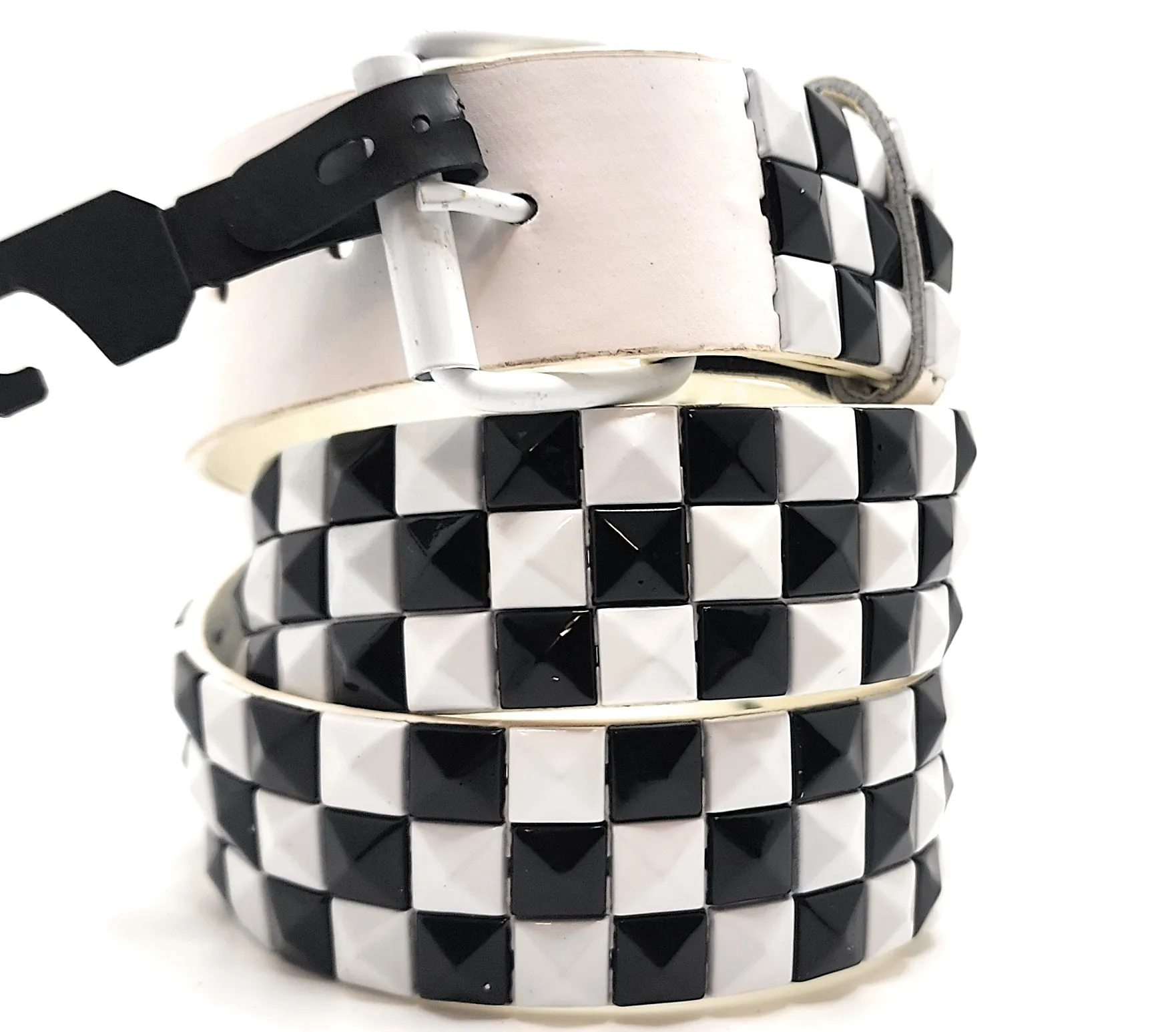 White Black Checkered Pyramid Studded Leather Belt Punk