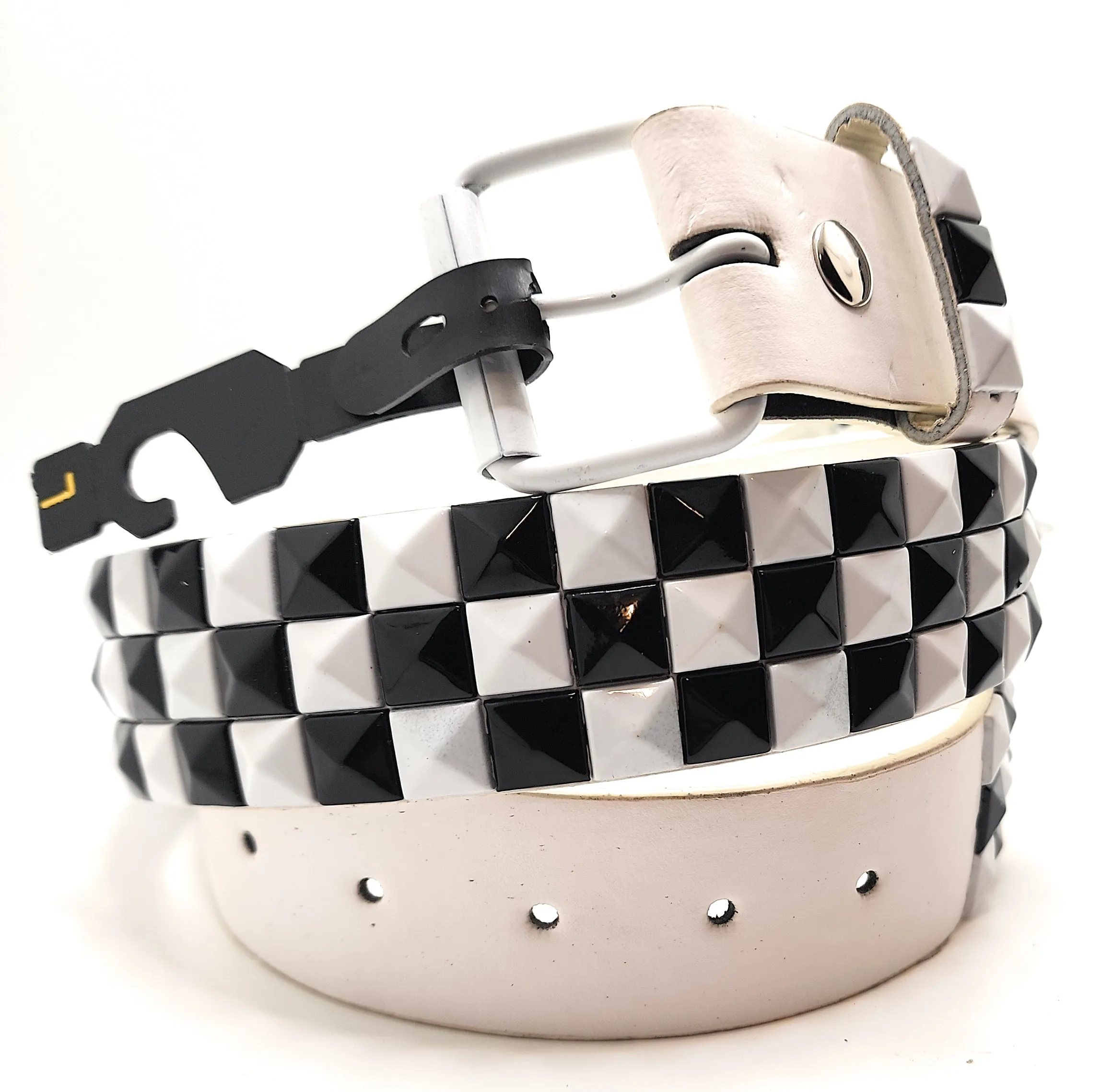 White Black Checkered Pyramid Studded Leather Belt Punk