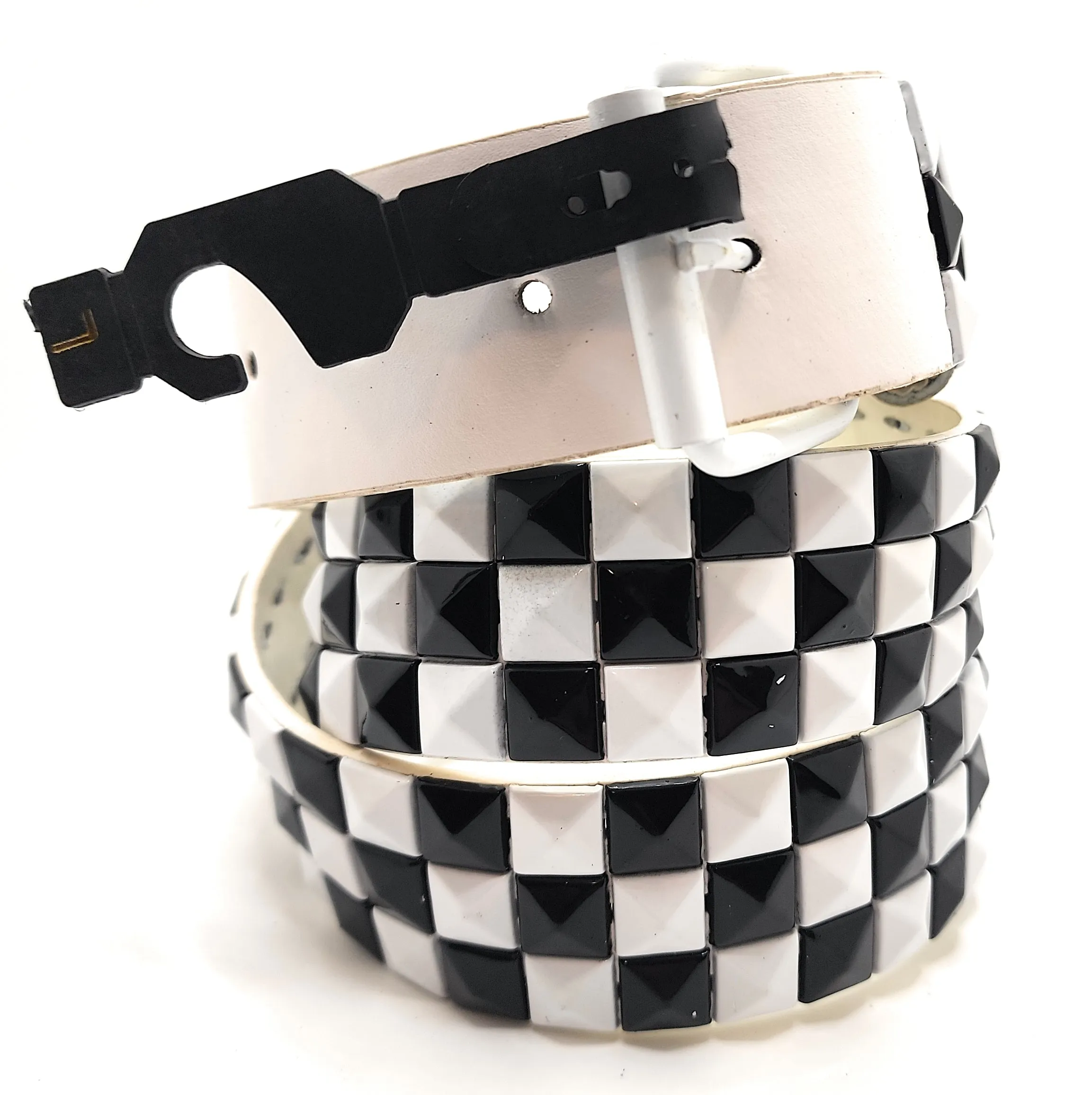 White Black Checkered Pyramid Studded Leather Belt Punk
