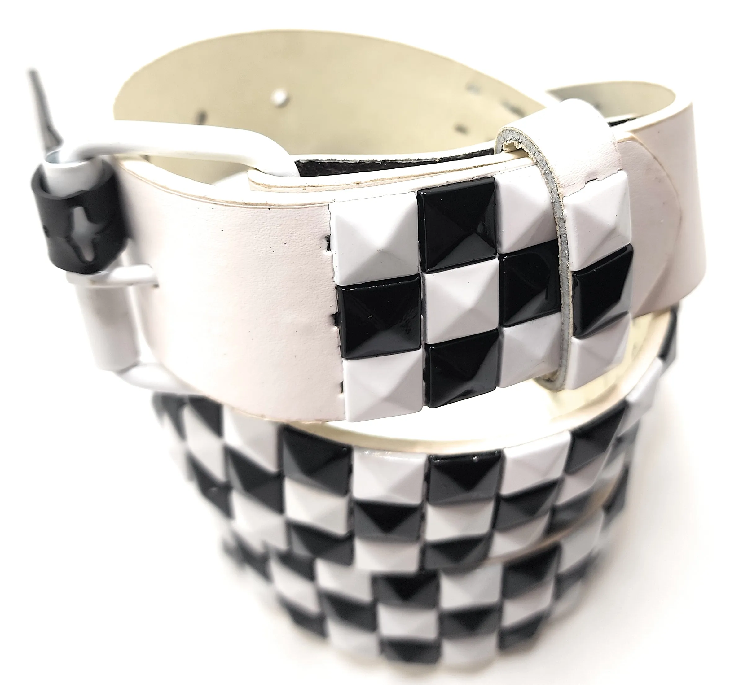 White Black Checkered Pyramid Studded Leather Belt Punk