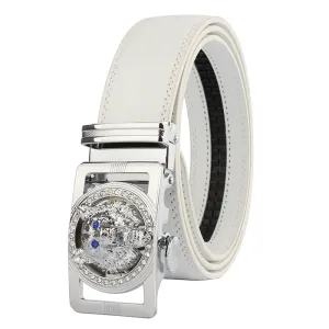 White Mens Adjustable Ratchet Slide Buckle Belt - Genuine Leather Automatic Belt with No Holes