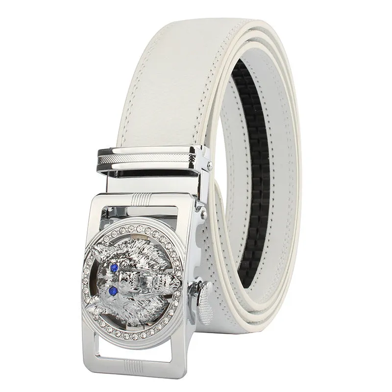 White Mens Adjustable Ratchet Slide Buckle Belt - Genuine Leather Automatic Belt with No Holes