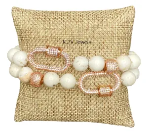 White Turquoise Stretch Bracelet with Locking Pave Rose Gold Charm