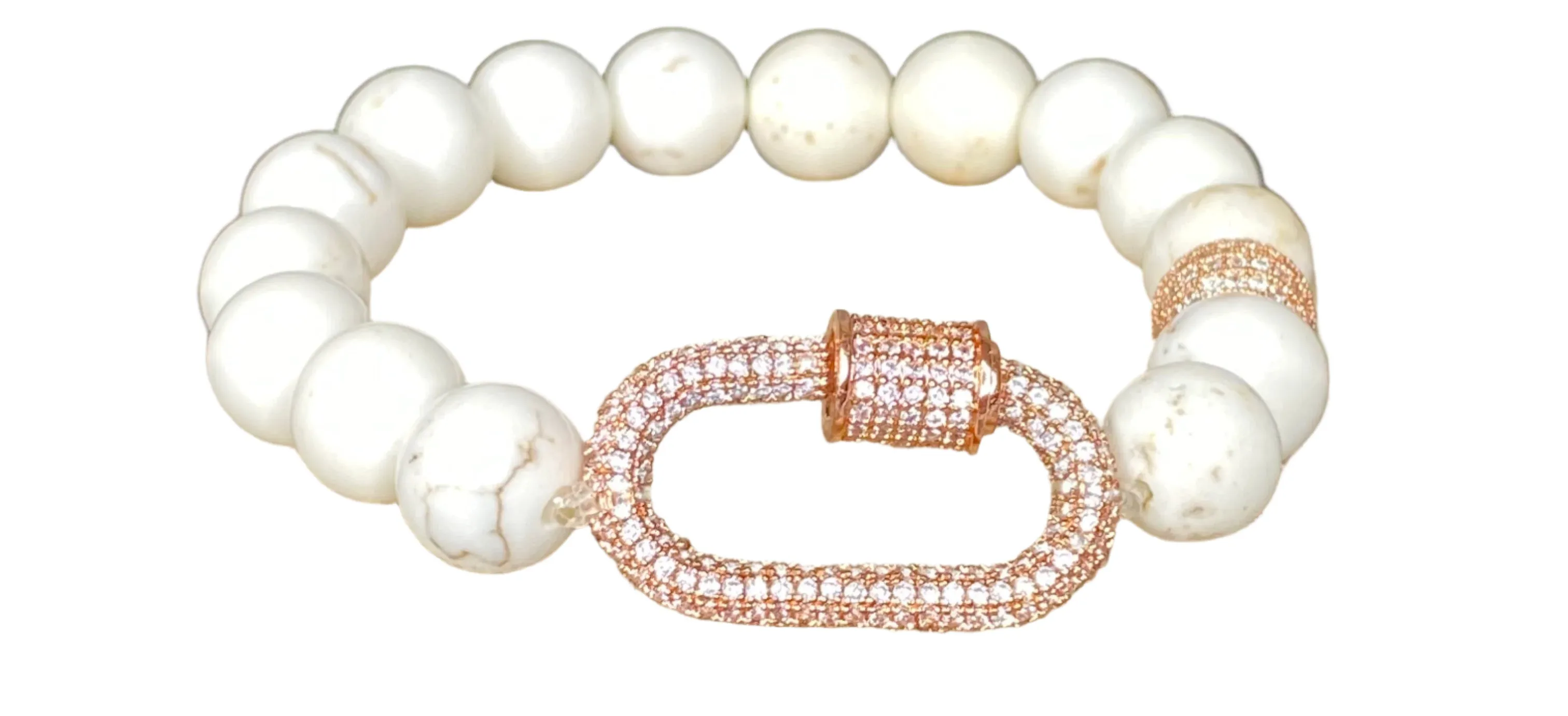 White Turquoise Stretch Bracelet with Locking Pave Rose Gold Charm