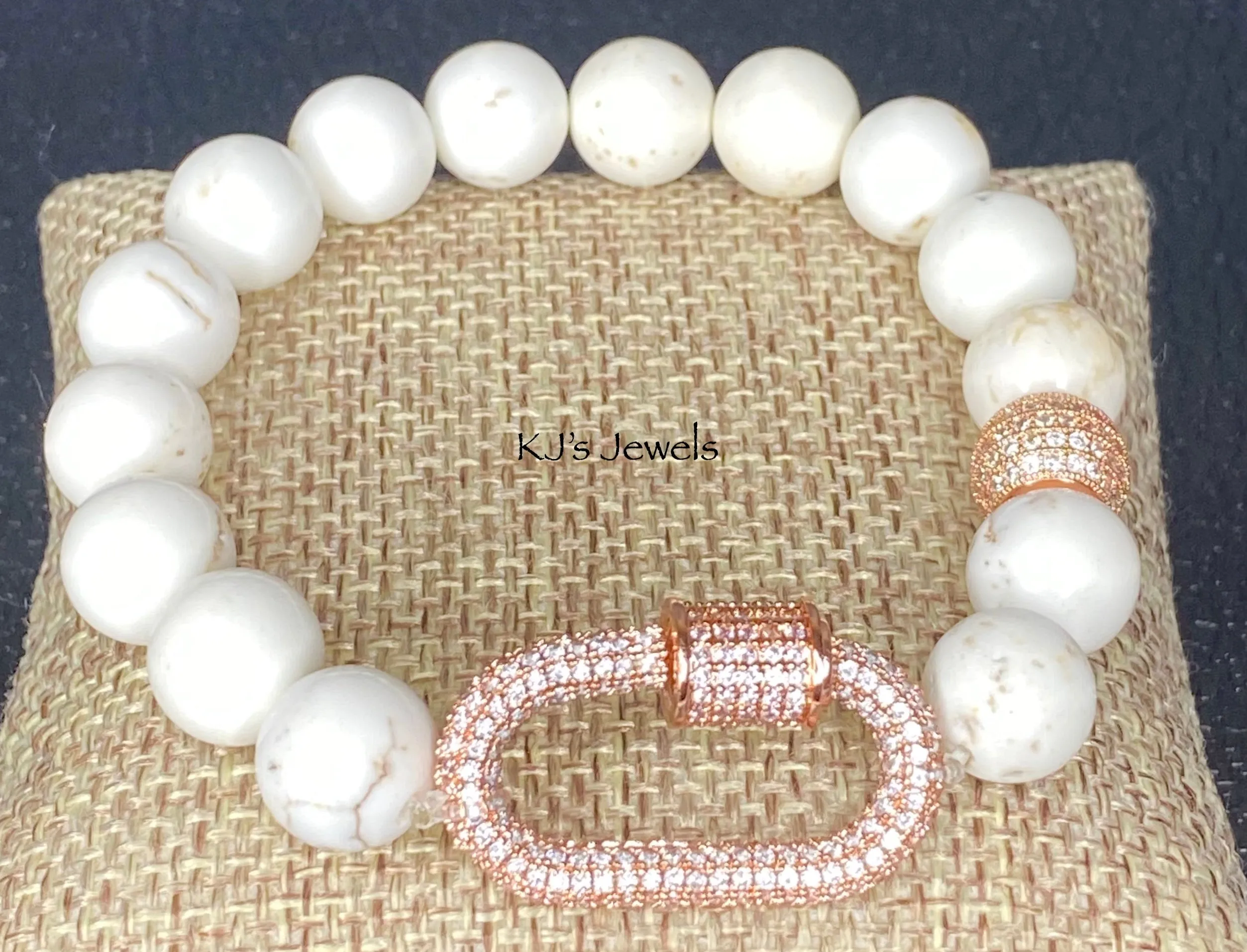 White Turquoise Stretch Bracelet with Locking Pave Rose Gold Charm