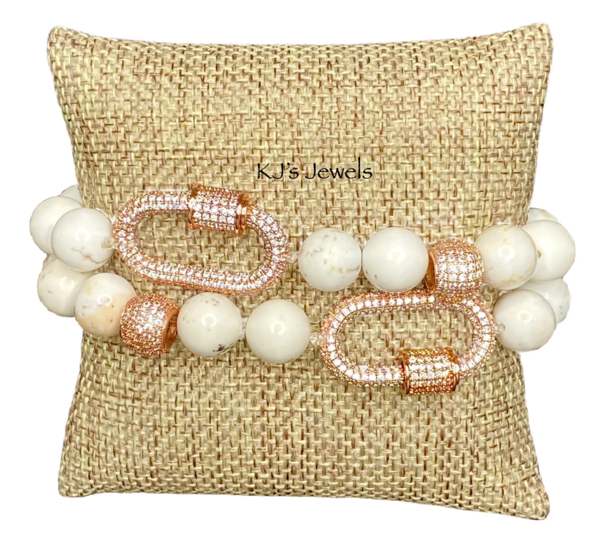 White Turquoise Stretch Bracelet with Locking Pave Rose Gold Charm