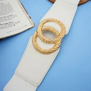 Wide Strap Gold Buckle White Belt