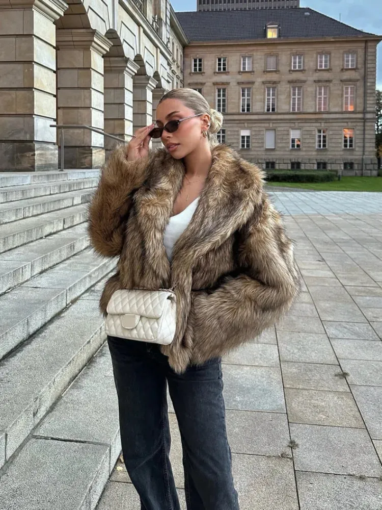 Winter Luxury Lapel Thicken Fluffy Fur Coat – Chic Brown Oversized Plush Jacket
