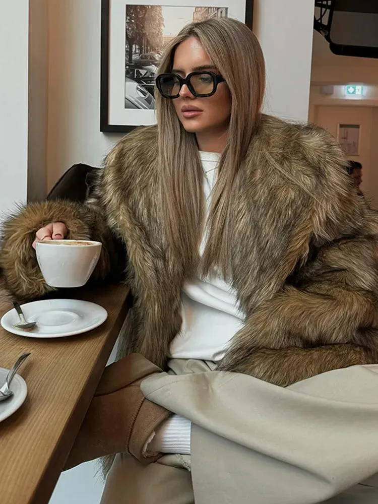 Winter Luxury Lapel Thicken Fluffy Fur Coat – Chic Brown Oversized Plush Jacket