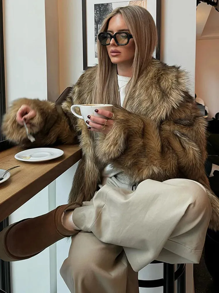 Winter Luxury Lapel Thicken Fluffy Fur Coat – Chic Brown Oversized Plush Jacket