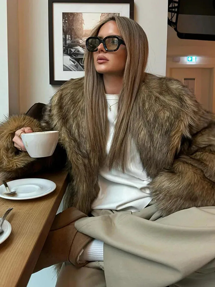Winter Luxury Lapel Thicken Fluffy Fur Coat – Chic Brown Oversized Plush Jacket