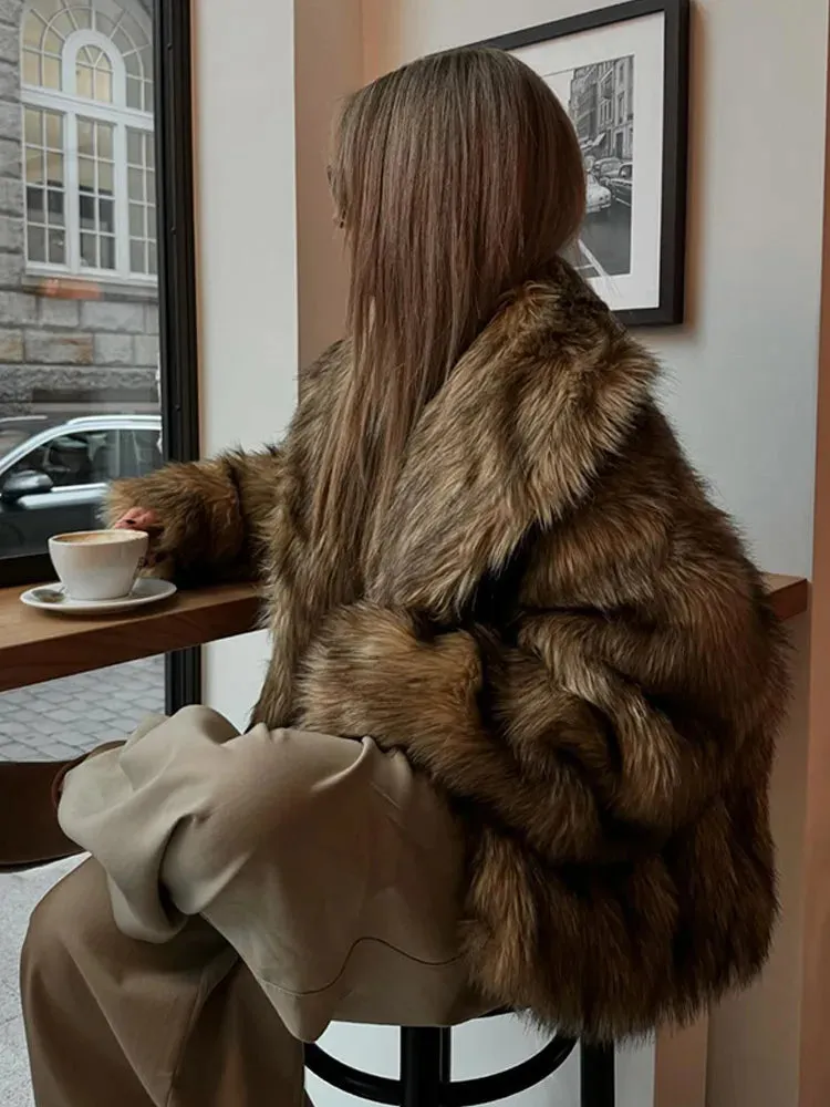 Winter Luxury Lapel Thicken Fluffy Fur Coat – Chic Brown Oversized Plush Jacket