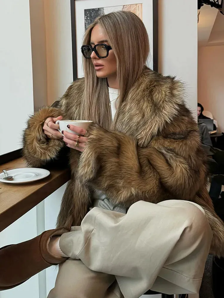 Winter Luxury Lapel Thicken Fluffy Fur Coat – Chic Brown Oversized Plush Jacket