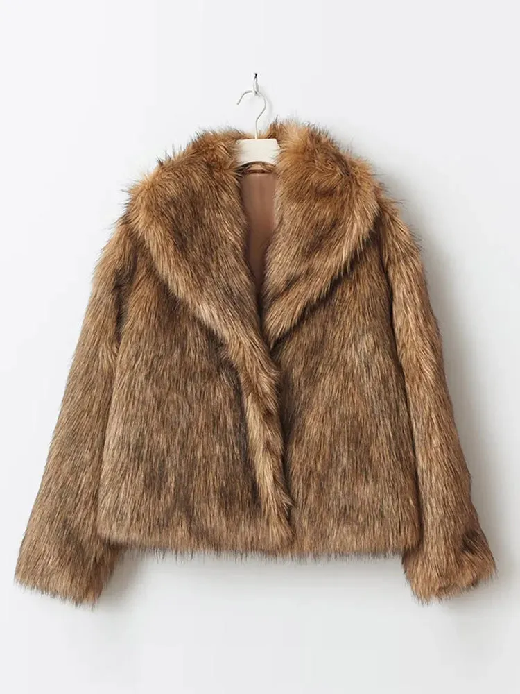 Winter Luxury Lapel Thicken Fluffy Fur Coat – Chic Brown Oversized Plush Jacket
