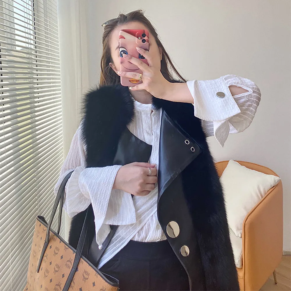 Winter Women's Genuine Sheepskin Leather Jackets Fur Vests Real Fox Fur Gilet