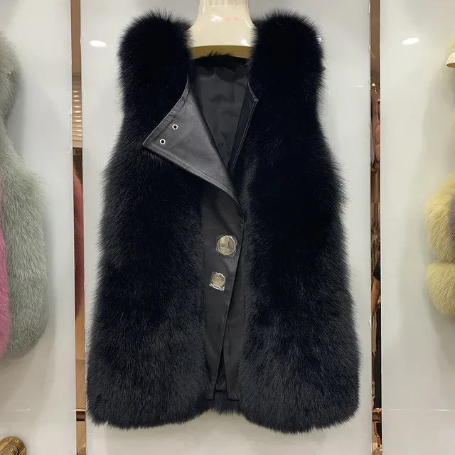 Winter Women's Genuine Sheepskin Leather Jackets Fur Vests Real Fox Fur Gilet