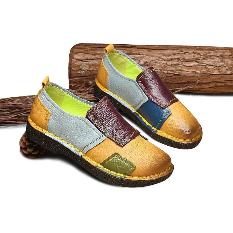 Women Leather Splicing Loafers Retro Soft Sole Non-slip Flats Shoes