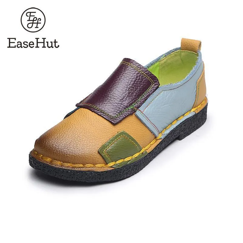 Women Leather Splicing Loafers Retro Soft Sole Non-slip Flats Shoes